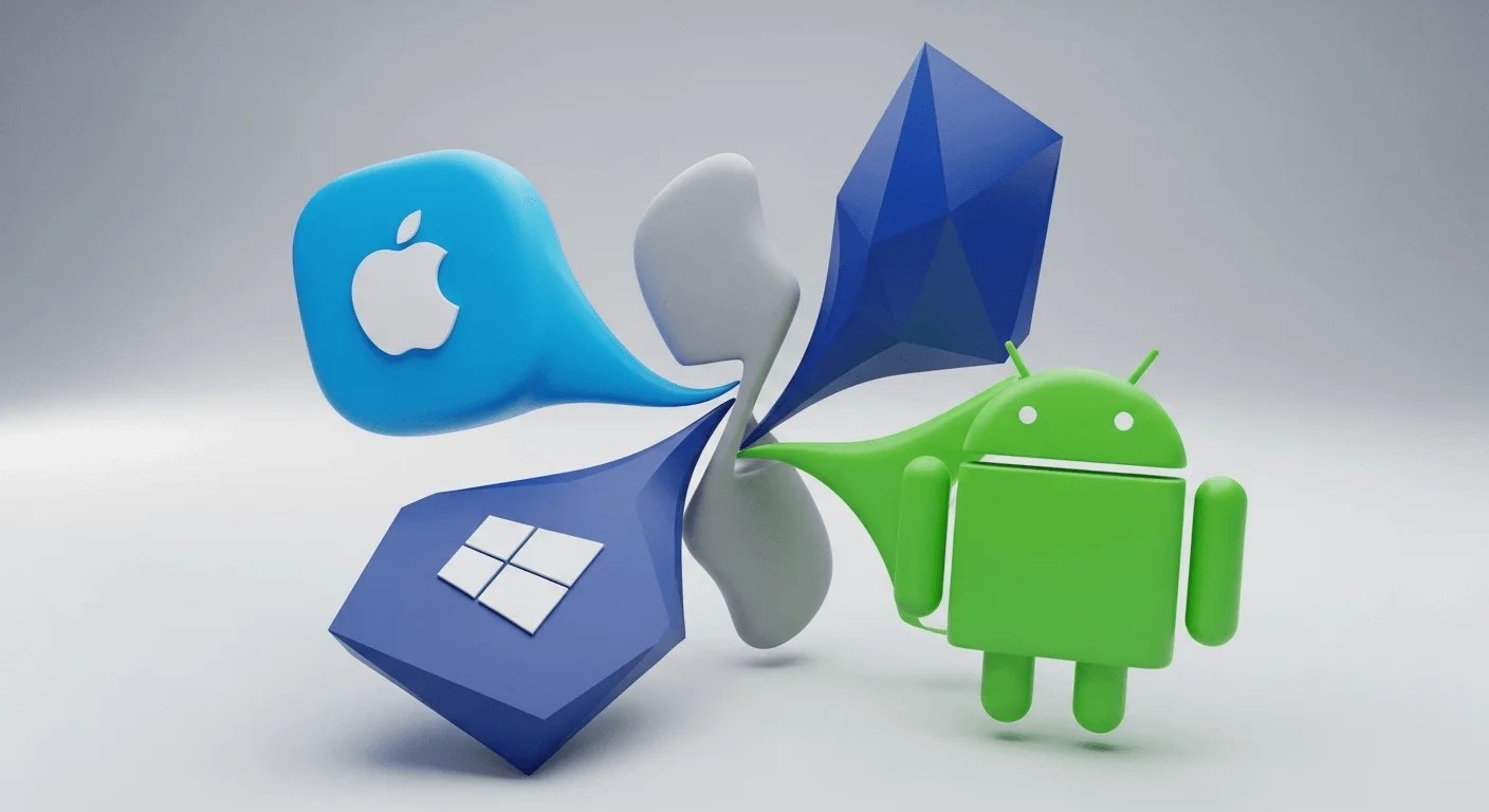 Sophisticated 3D render of multiple abstract blocks representing different operating systems (iOS, Windows, Android) converging into one larger, less defined block, symbolizing a generalist UEM.