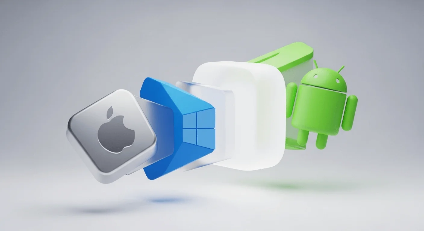 Sophisticated 3D render of multiple abstract blocks representing different operating systems (iOS, Windows, Android) converging into one larger, less defined block, symbolizing a generalist UEM.