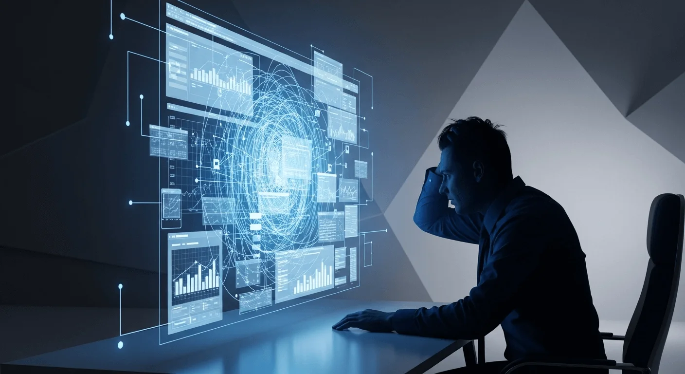 Abstract 3D render of a frustrated IT manager silhouette looking at a complex, tangled interface on a screen, representing the complexity of generalist UEMs.