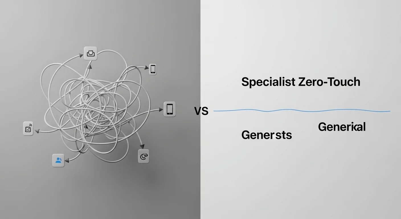 A side-by-side 3D render. On the left, a complex, tangled path with multiple stops. On the right, a clean, direct, and fast single line, visually representing the efficiency of specialist Zero-Touch vs. a generic process.
