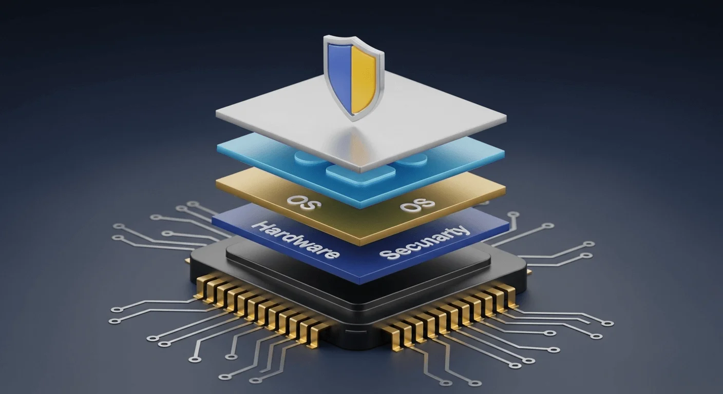 Abstract 3D render showing layers of security, starting with a silicon chip at the bottom, then hardware, OS, and app layers on top, with a shield icon protecting the entire stack.