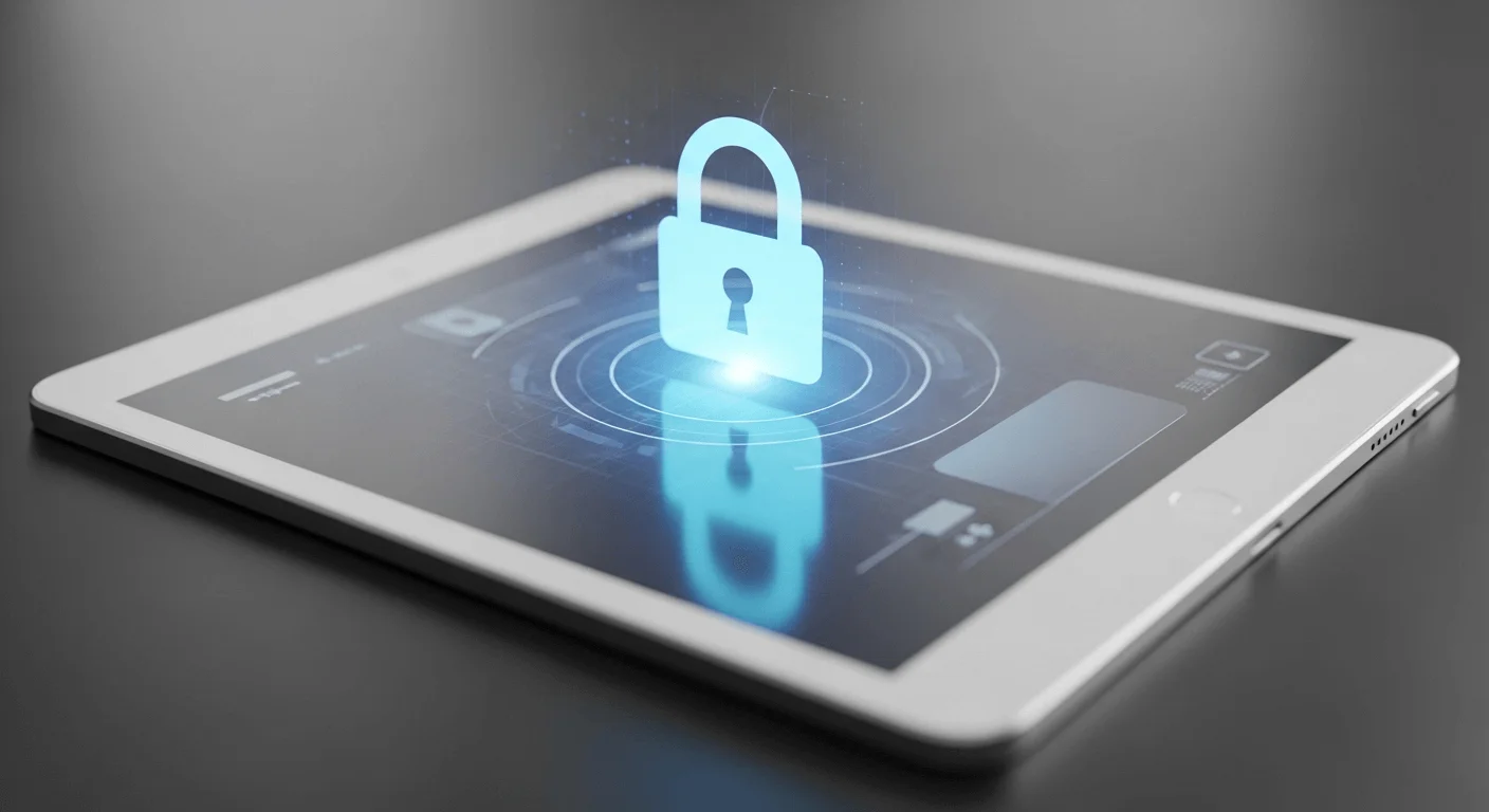 A 3D render of a medical tablet with a glowing padlock icon overlaying the screen, symbolizing robust data security and HIPAA compliance.