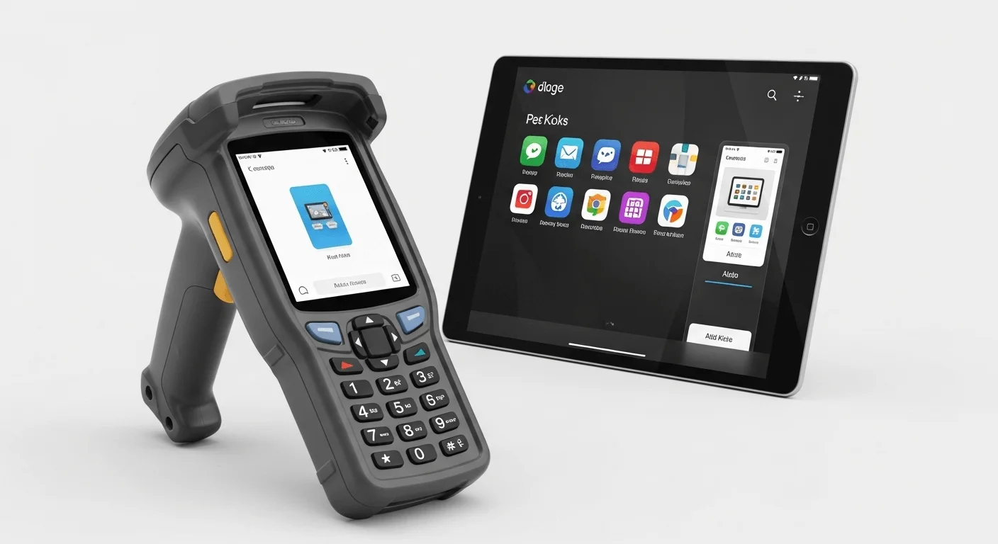 Two 3D rendered devices side-by-side. One is a rugged handheld scanner showing a single app interface. The other is a sleek retail tablet showing a multi-app kiosk layout.