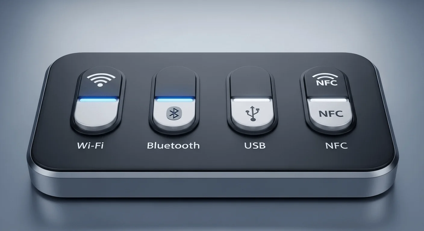 3D render of a central control panel with toggle switches for Wi-Fi, Bluetooth, USB, and NFC.