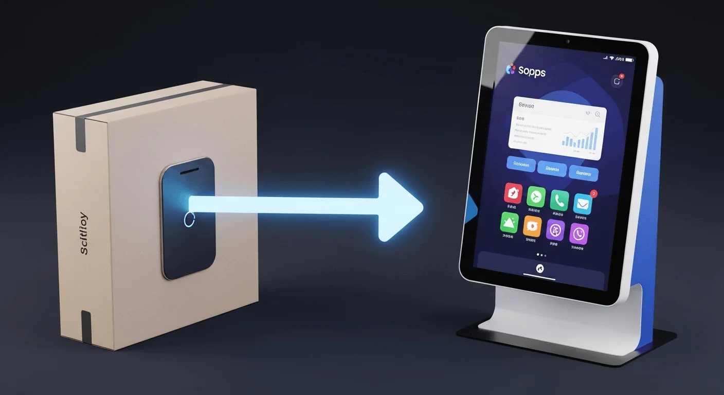 3D render of a factory-sealed box with an arrow pointing to a fully configured kiosk, bypassing any manual setup steps.