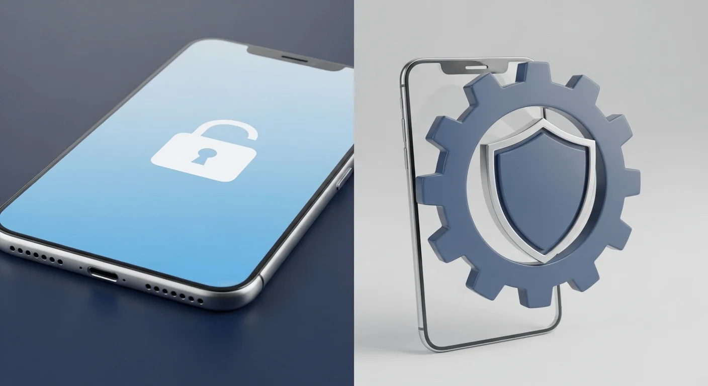 Sophisticated 3D render comparing a simple lock icon on a phone screen versus a shield icon integrated into the Android OS gear symbol.