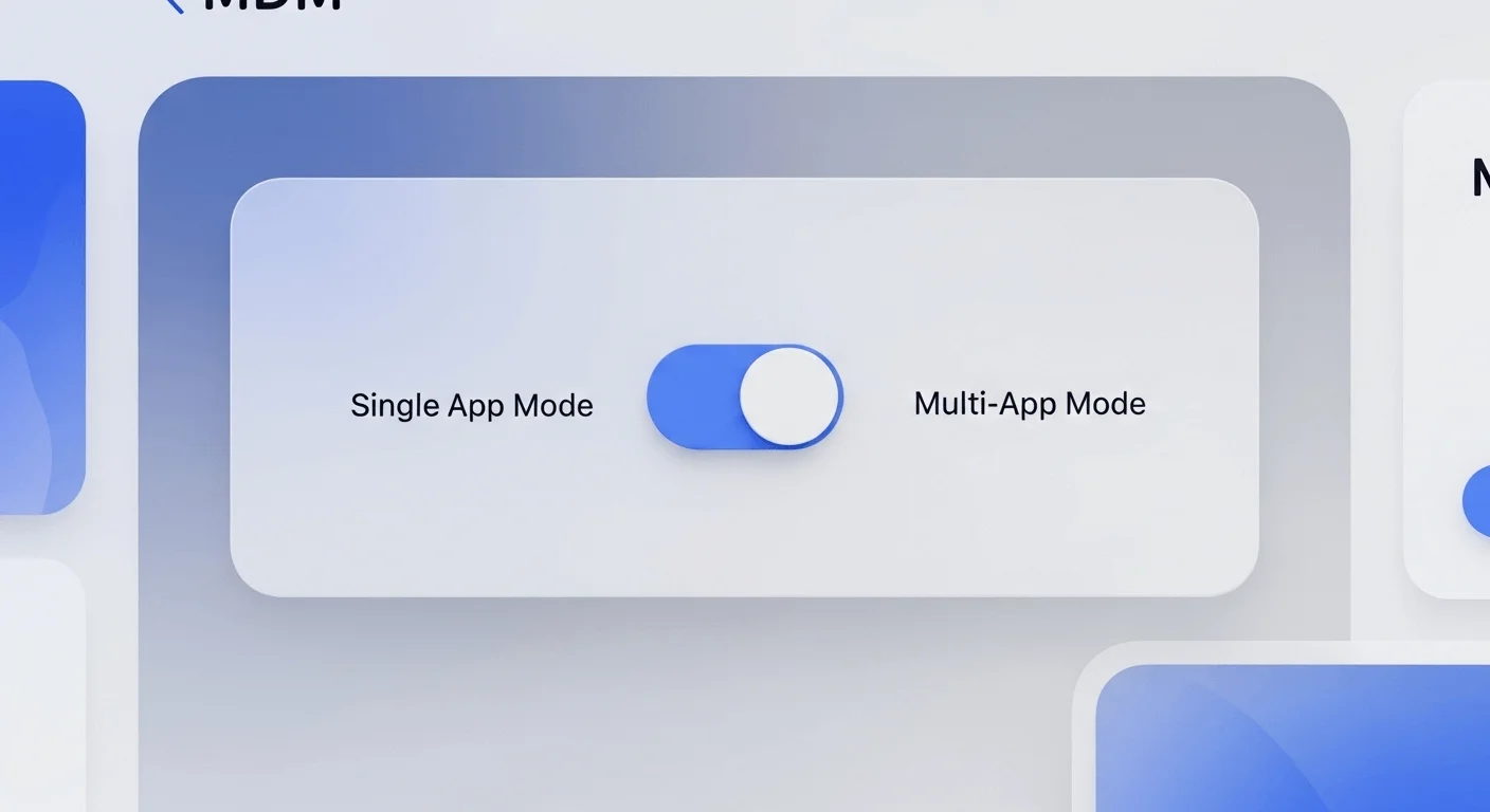 3D render of a simplified MDM dashboard showing a toggle switch between 'Single App Mode' and 'Multi-App Mode'.