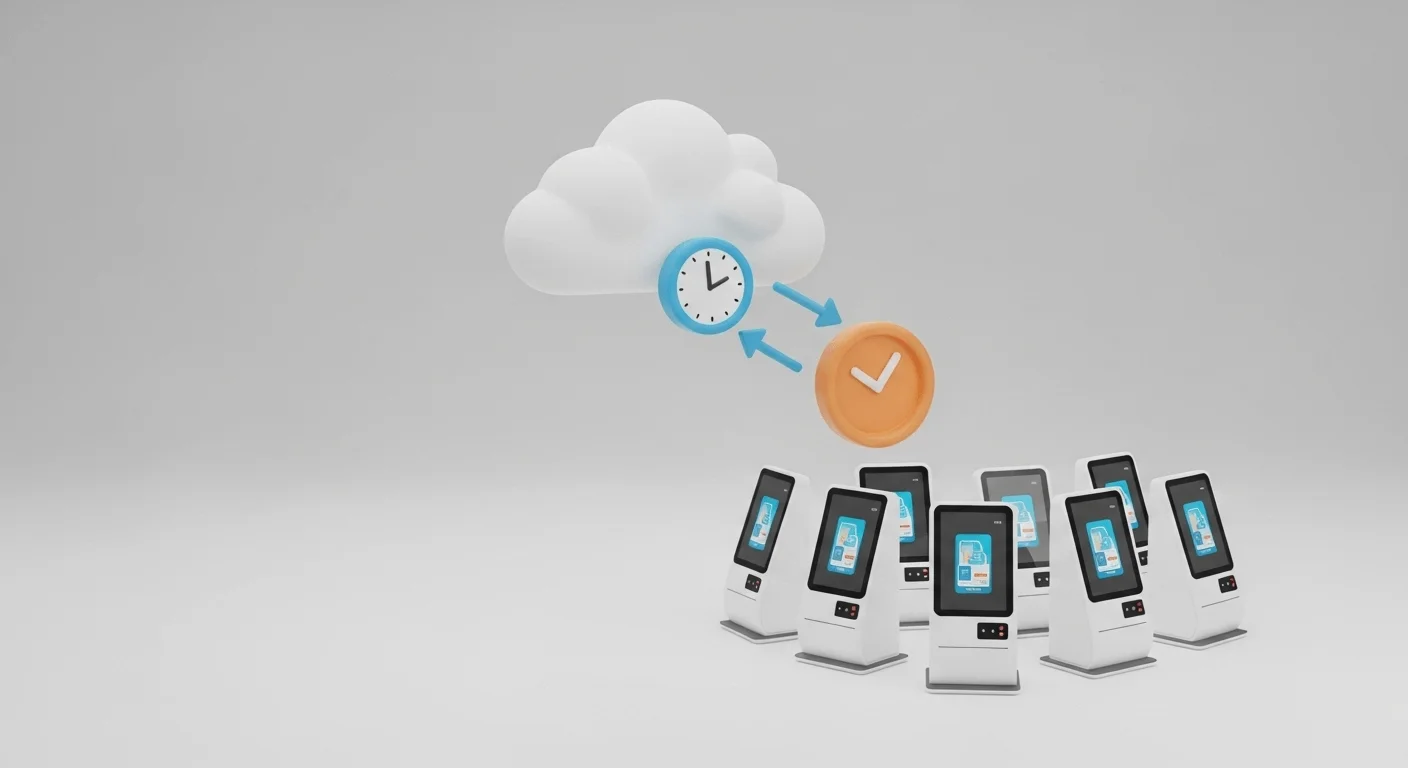 3D render of a cloud pushing an app update to a fleet of kiosks, with a clock icon indicating scheduling.