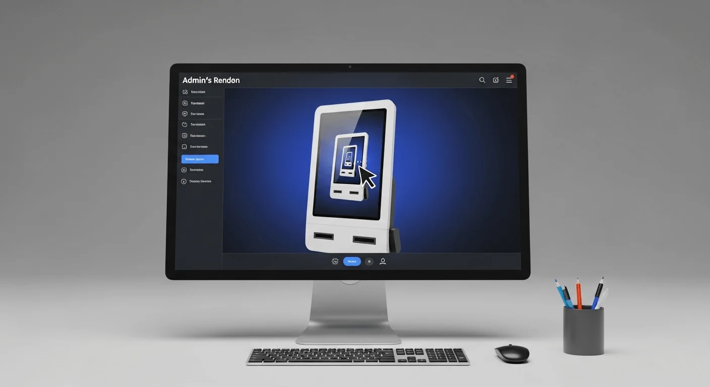 3D render of an admin's monitor showing a remote control session of a kiosk tablet, with a cursor moving on the tablet screen.