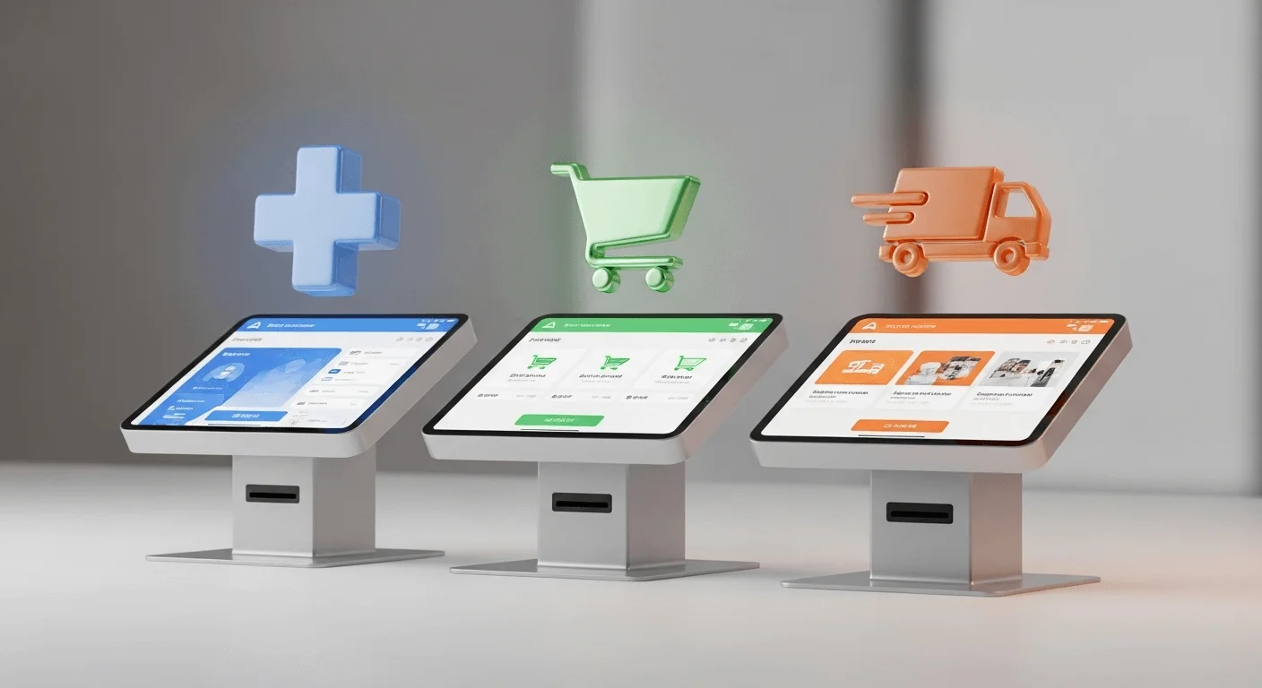 3D render showing three kiosks side-by-side, each with a different UI and an industry icon above it (medical cross, shopping cart, delivery truck).