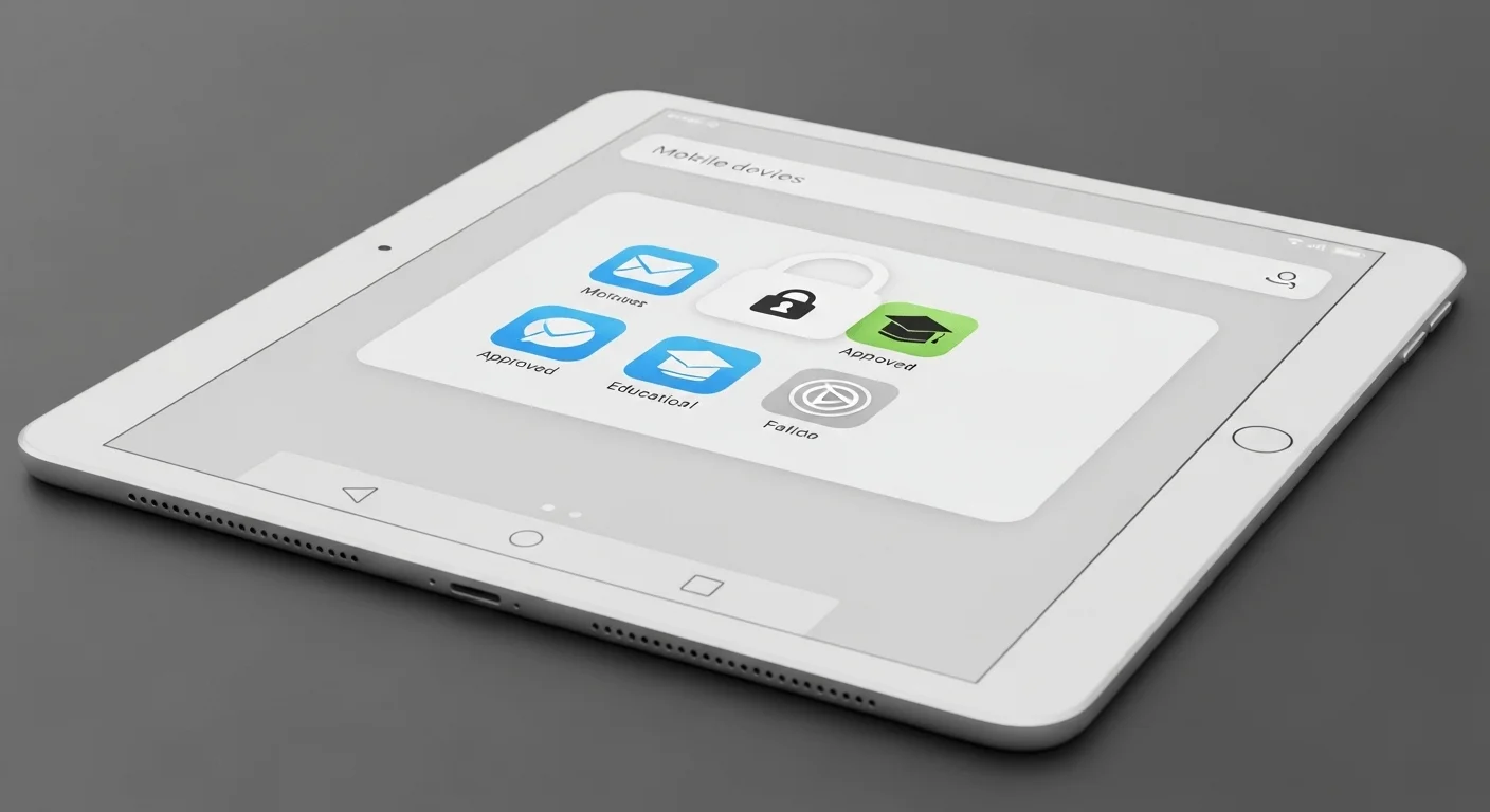 A clean 3D render of a tablet screen displaying a simple, locked-down interface with only 4-5 approved educational app icons visible.