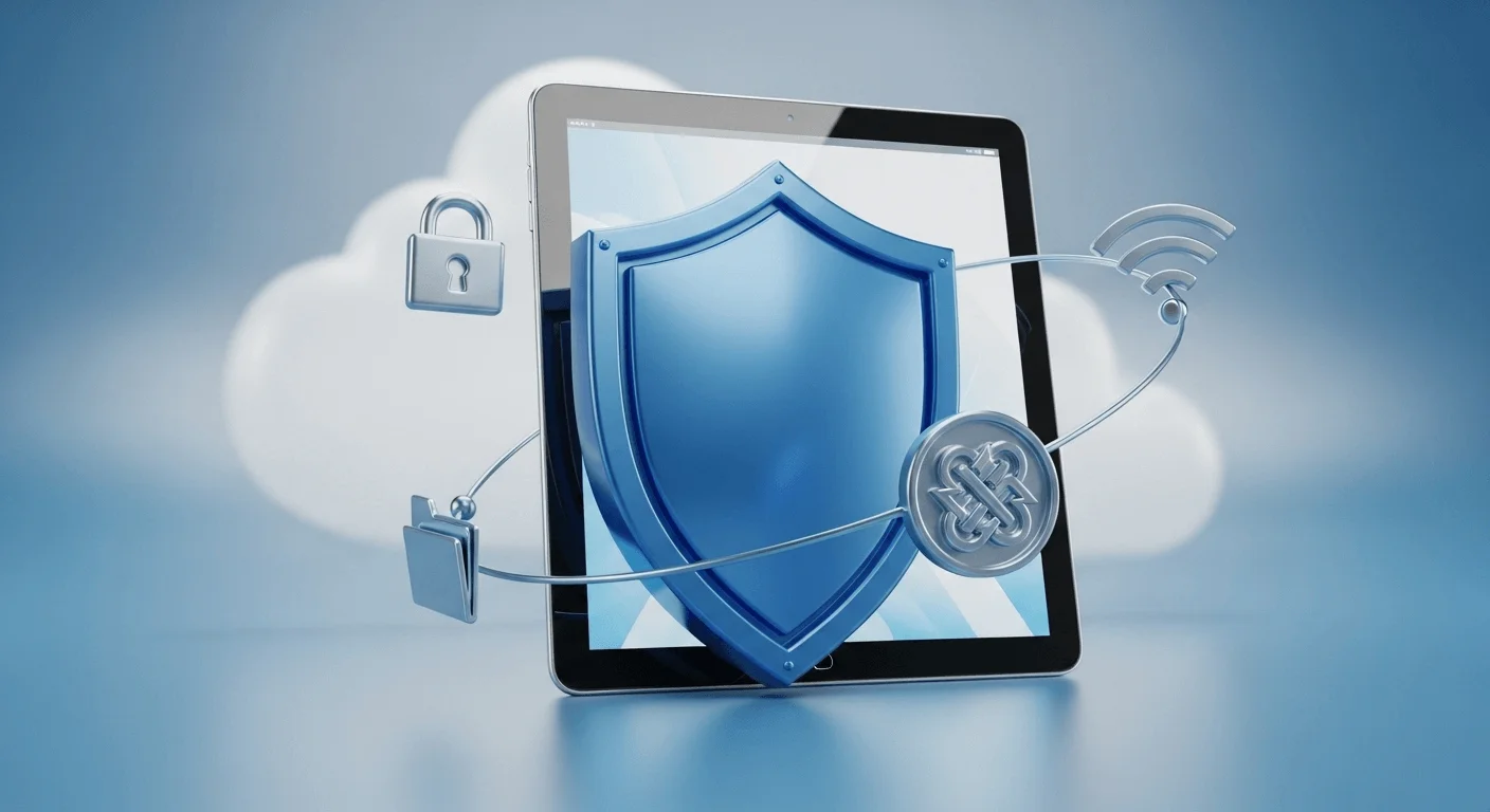 A 3D render of a shield icon protecting a tablet, with smaller icons for lock, Wi-Fi, and data encryption orbiting it.