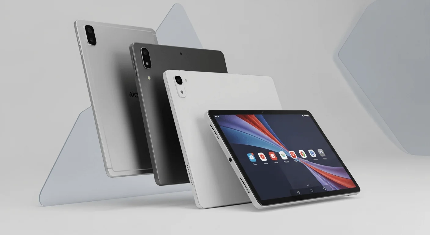 Sophisticated 3D render of three different Android tablets in a clean, abstract educational setting, showcasing hardware variety.