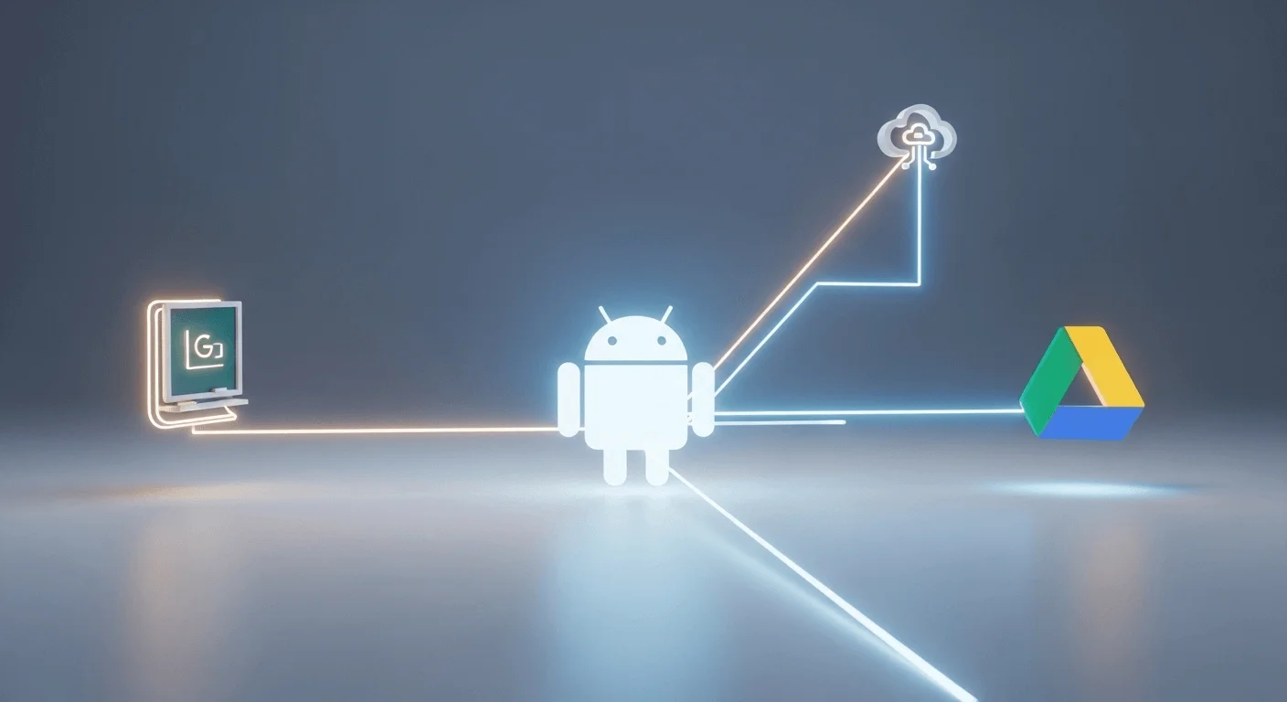 Abstract 3D render showing the Android logo connecting to the Google Classroom and Google Drive logos via clean, illuminated lines.