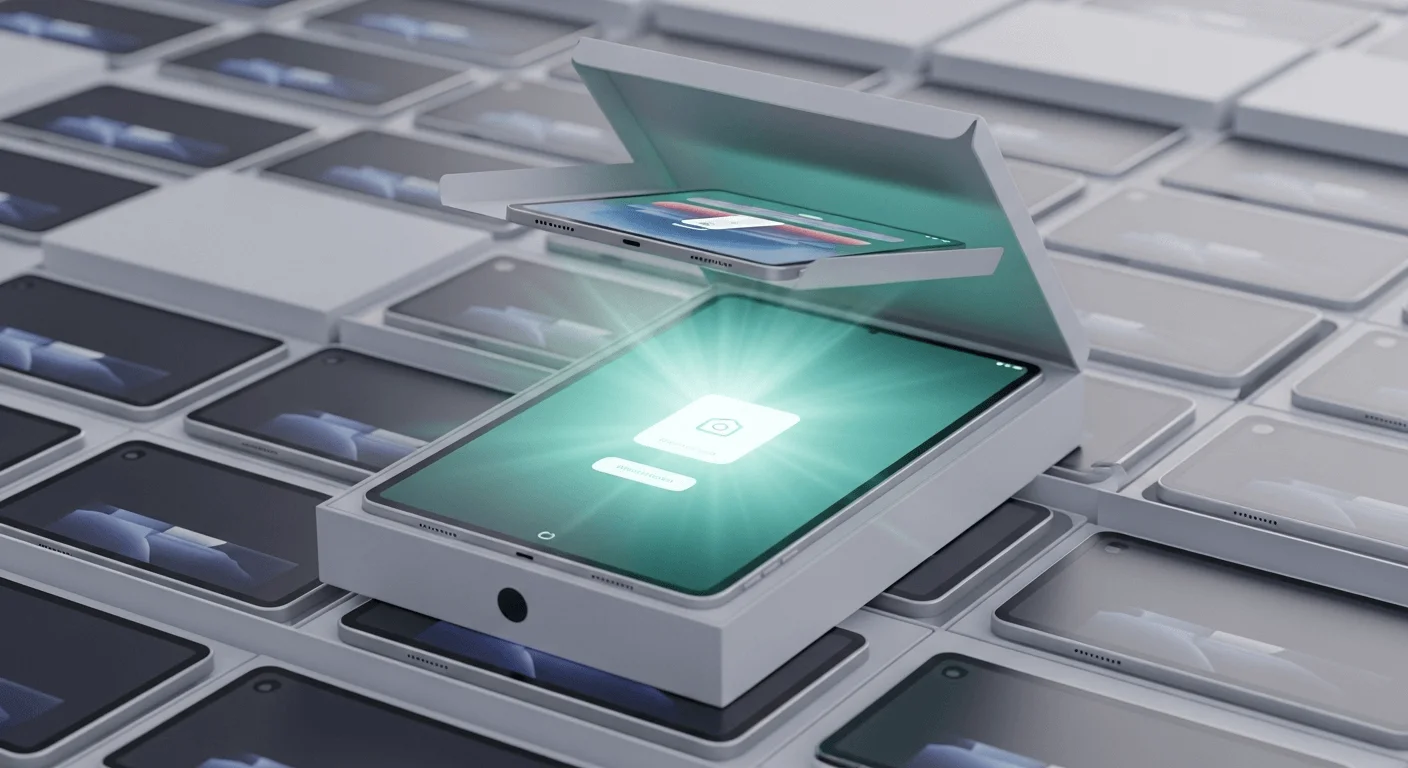 A 3D render of a stack of new tablets in boxes, with one at the top being unboxed and showing a glowing setup screen, symbolizing automated enrollment.