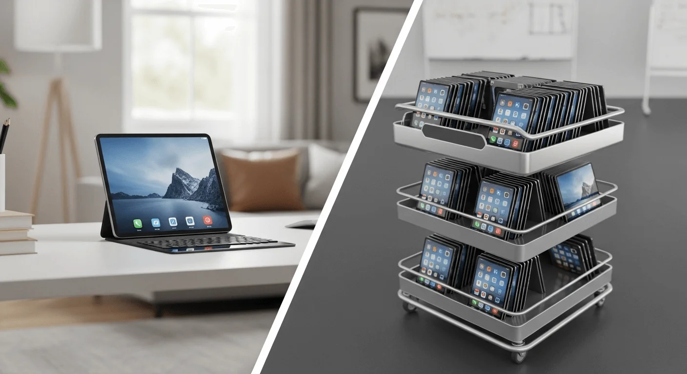 A split-view 3D render. One side shows a single tablet on a desk at home (1:1). The other side shows a cart of identical tablets in a classroom (shared).