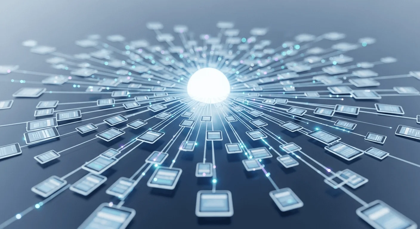 An abstract 3D render of a central hub with data lines extending to hundreds of small tablet icons, representing centralized control.