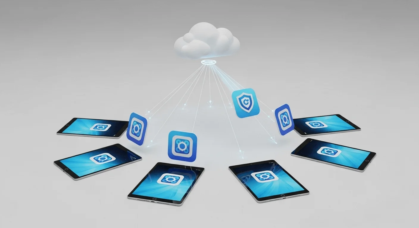 A 3D render showing an app icon being pushed from a central cloud to multiple tablets, which update automatically and silently.