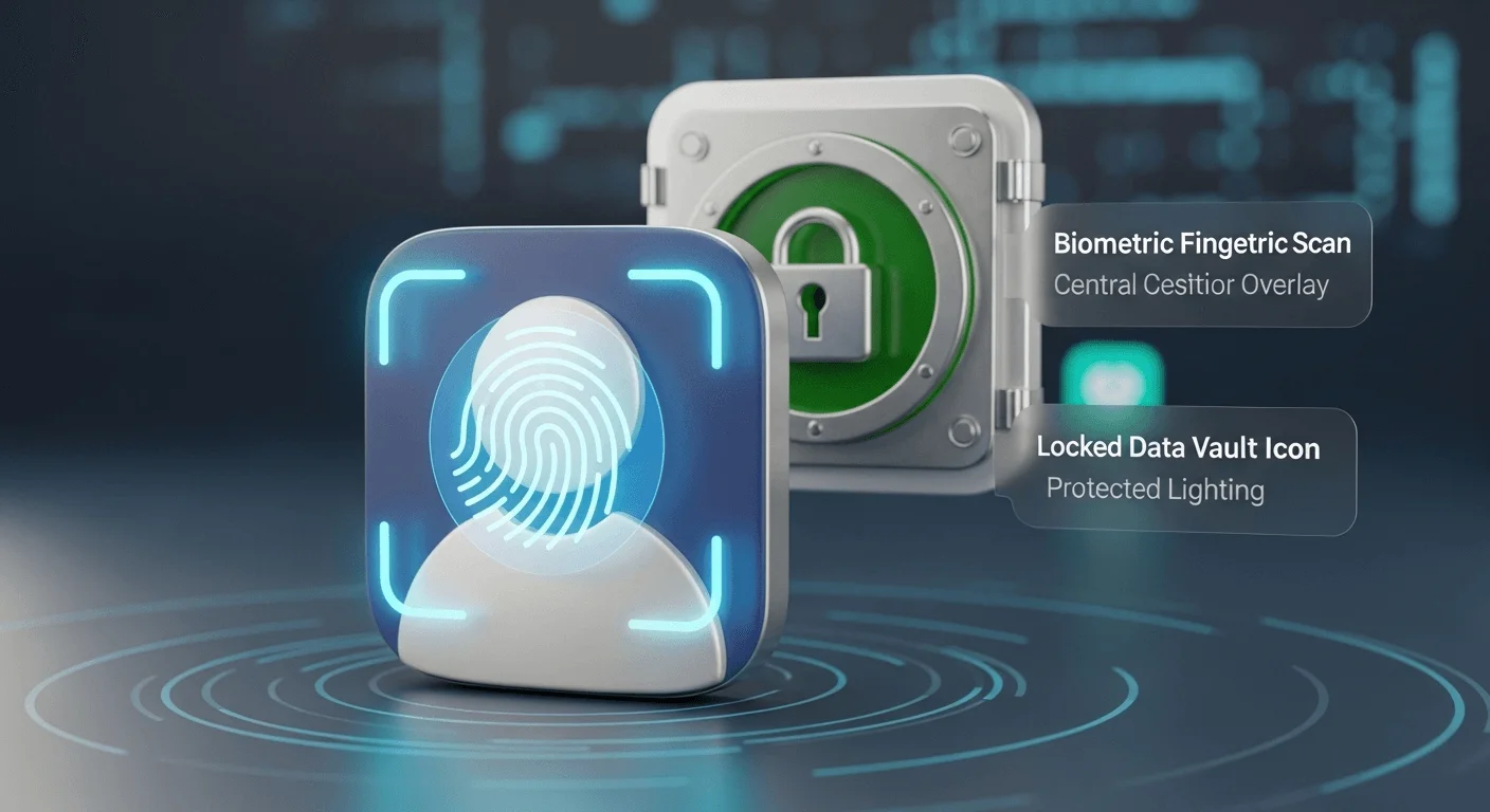 3D render of a user profile icon with a biometric fingerprint scan overlay, positioned in front of a locked data vault icon.