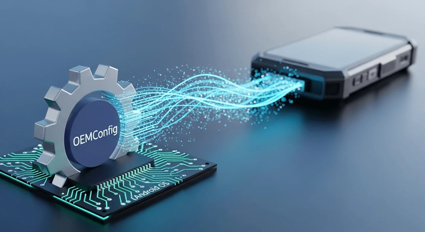 Abstract 3D render showing a gear icon (OEMConfig) fitting perfectly into a circuit board representing the Android OS, with data streams flowing out to a rugged device.