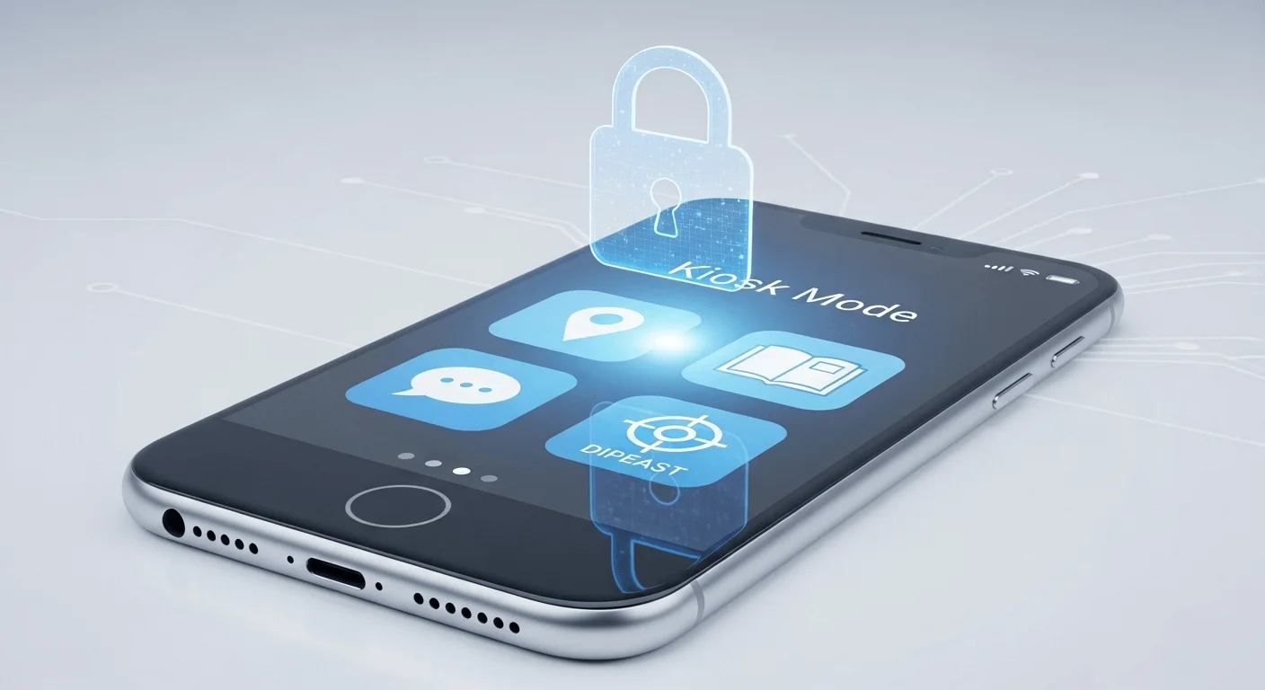 3D render of a smartphone screen locked in Kiosk Mode, showing only four approved app icons (map, logbook, messaging, dispatch). A digital padlock hovers over the screen.