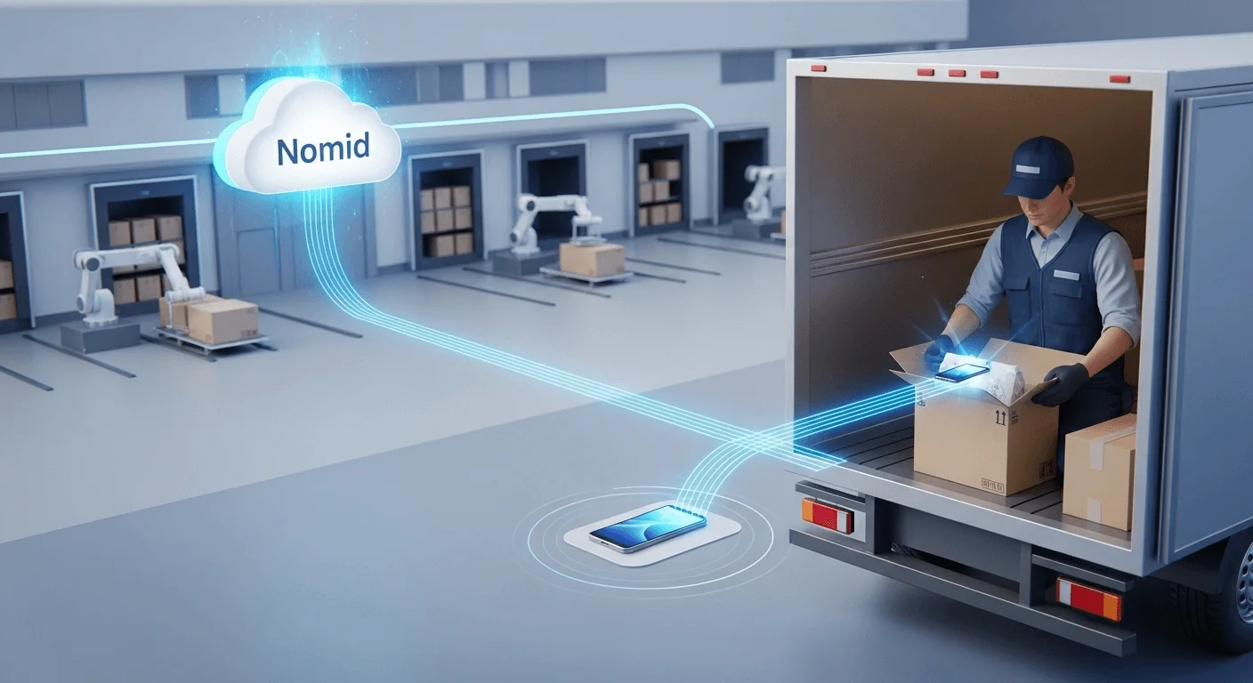 A dynamic 3D render illustrating a clear path: a configuration profile leaving the Nomid cloud, traveling to a distribution center, and being applied to a device as it's unboxed by a driver.