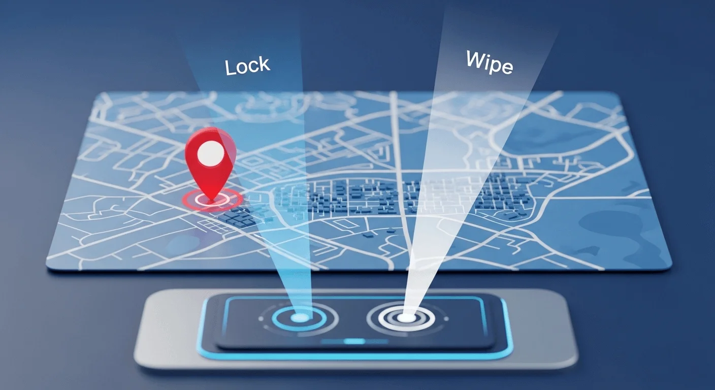 A 3D render of a map with a red alert pin on a lost device. From a central console, beams representing 'Lock' and 'Wipe' are being targeted at the pin.
