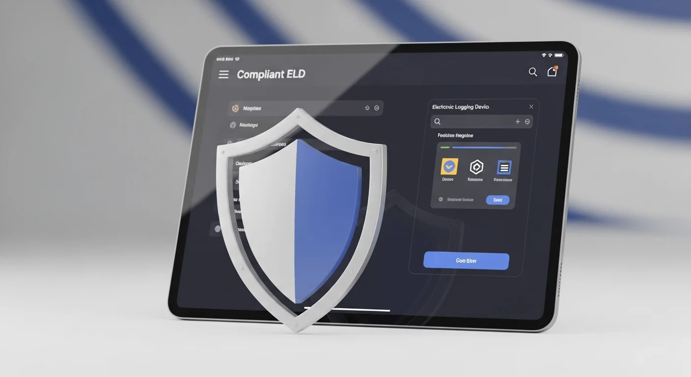 3D render of a tablet displaying a compliant ELD interface, with a shield icon in front of it symbolizing data integrity and security.