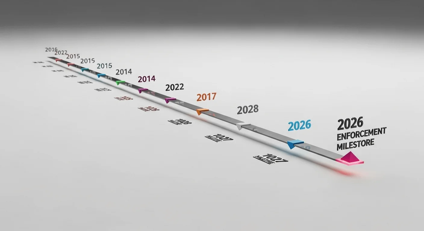A clean 3D render of a timeline with key dates highlighted, leading up to the 2026 enforcement milestone.