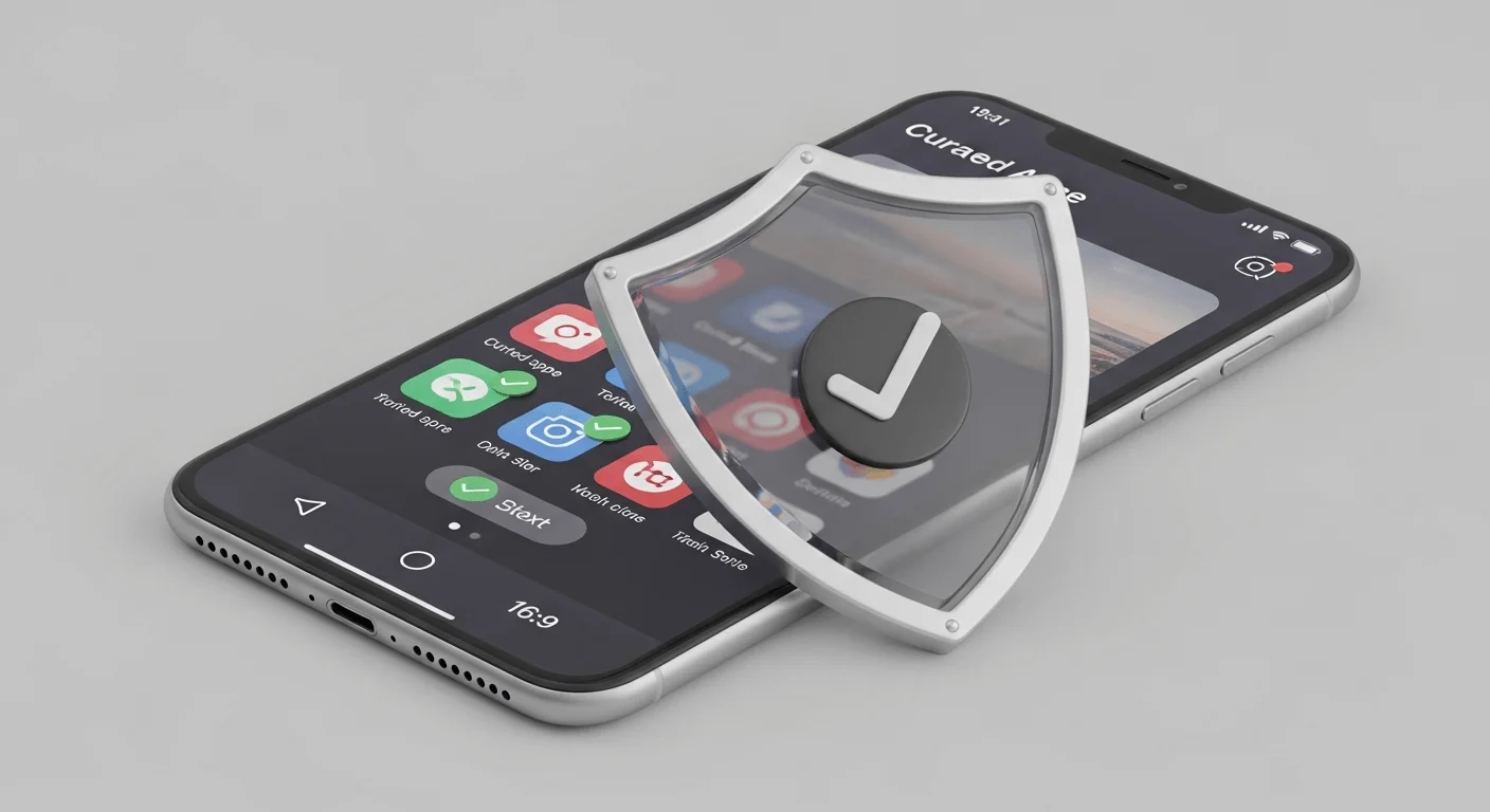 A 3D render of a mobile device displaying a curated app store. Verified apps have a subtle green checkmark, while a large shield protects the entire device.