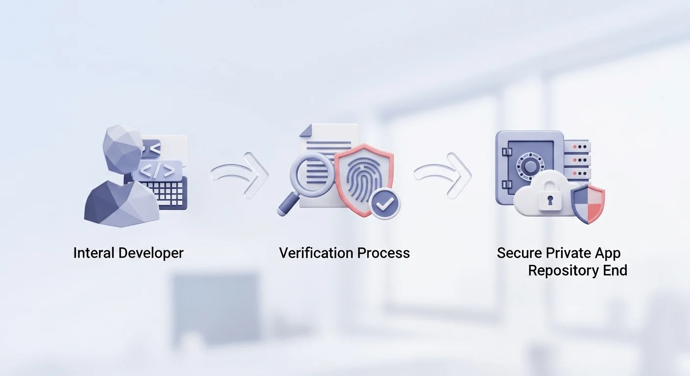 A flowchart-style 3D render showing the process: an internal developer icon, followed by a verification process icon, leading to a secure private app repository icon.