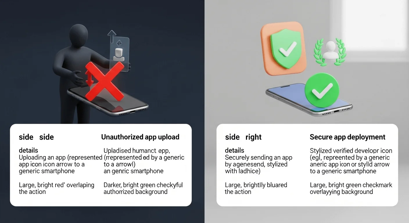 A split 3D render. On the left, a red 'X' over a shadowy figure uploading an app to a device. On the right, a green checkmark over a verified developer icon securely sending an app to a device.