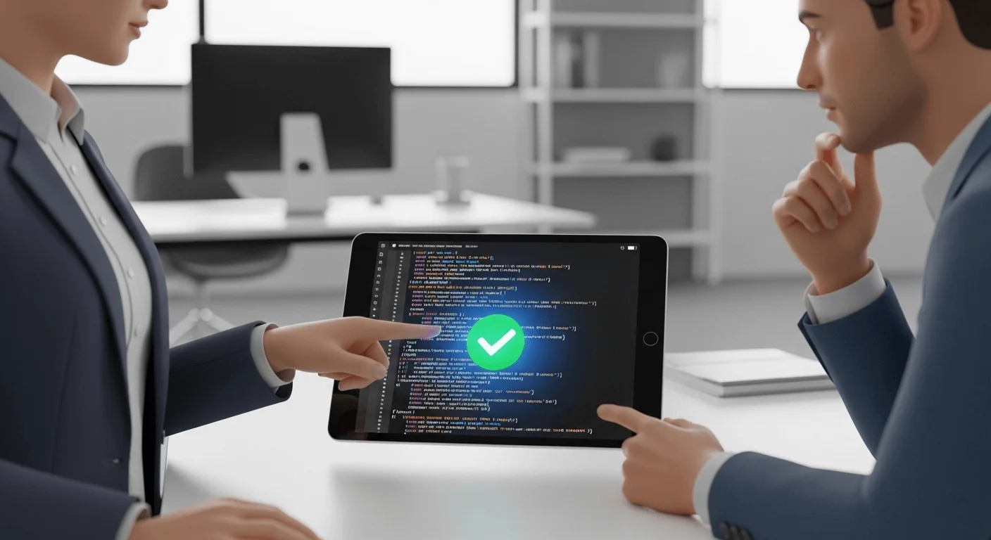 A 3D render of two figures in a professional setting collaborating over a tablet that displays code and a verification checkmark.
