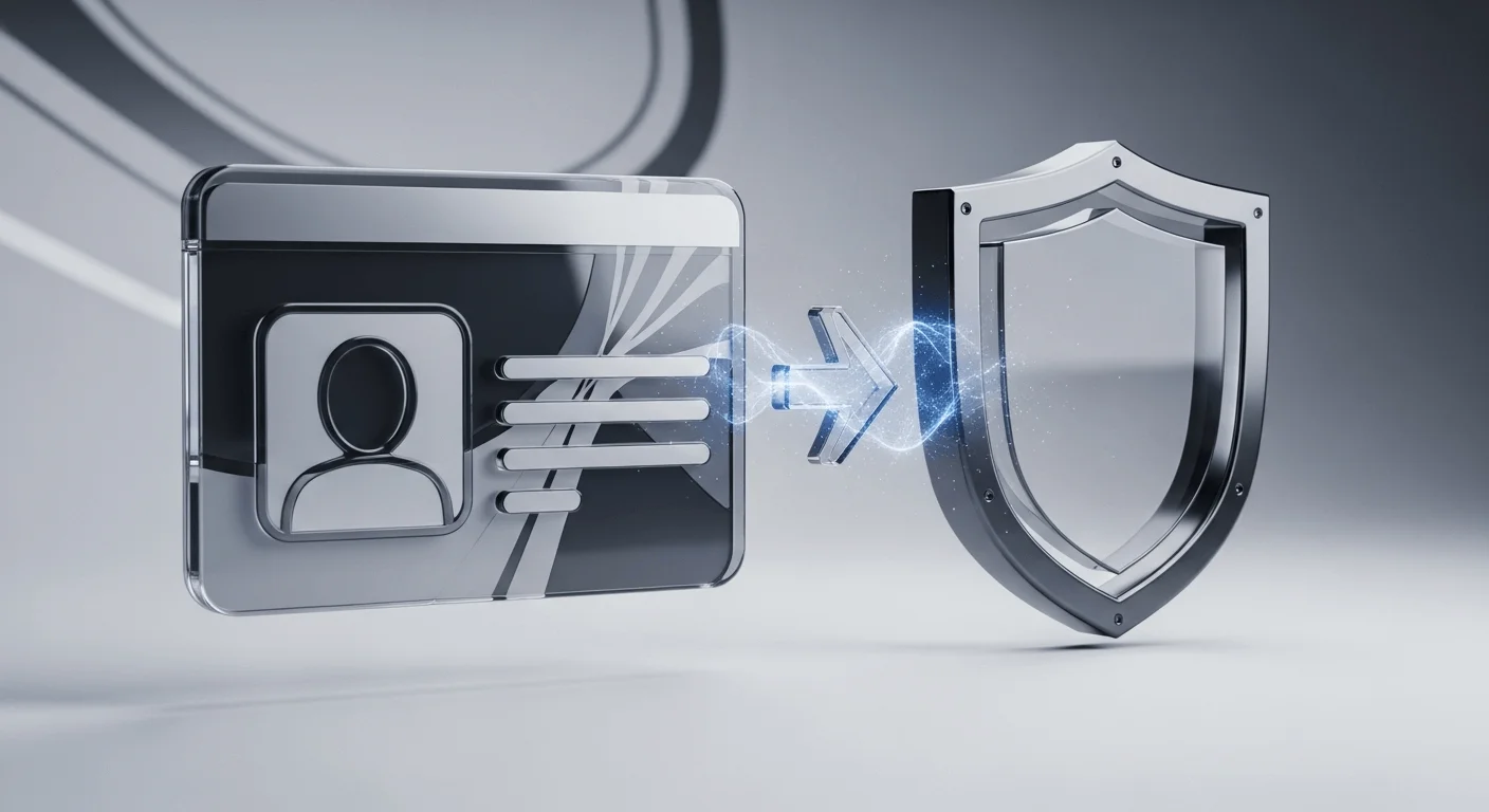 A sophisticated 3D render showing a digital ID card icon transforming into a shield icon, symbolizing identity verification leading to enhanced security.