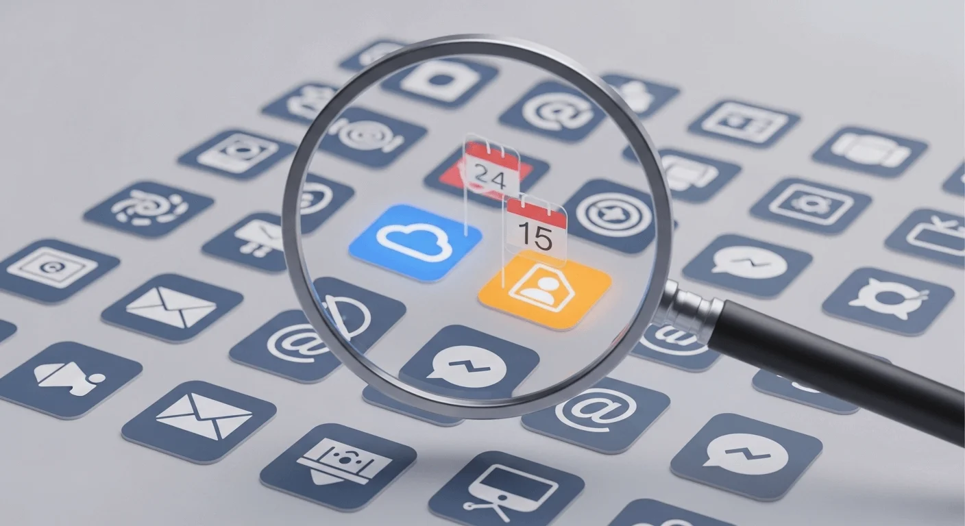 A 3D render of a magnifying glass scanning a grid of app icons, highlighting some for review. The aesthetic is clean and technical.