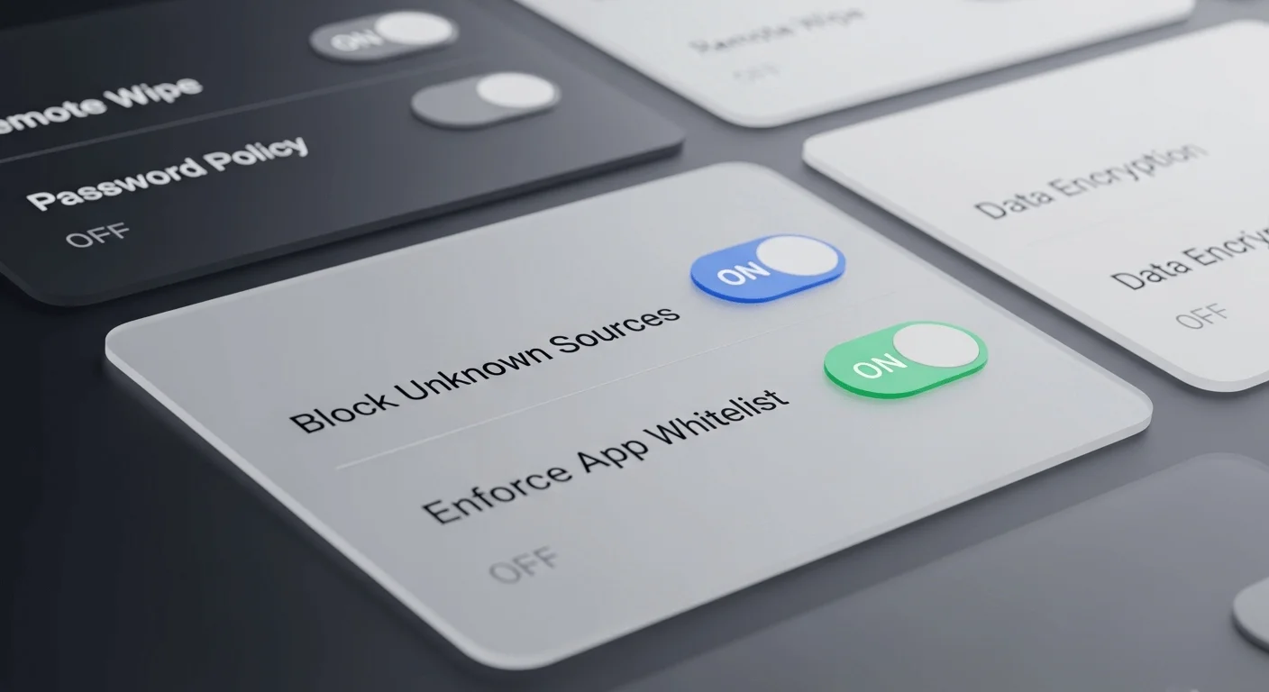 A 3D render of a settings dashboard interface with toggles for 'Block Unknown Sources' and 'Enforce App Whitelist' set to ON.