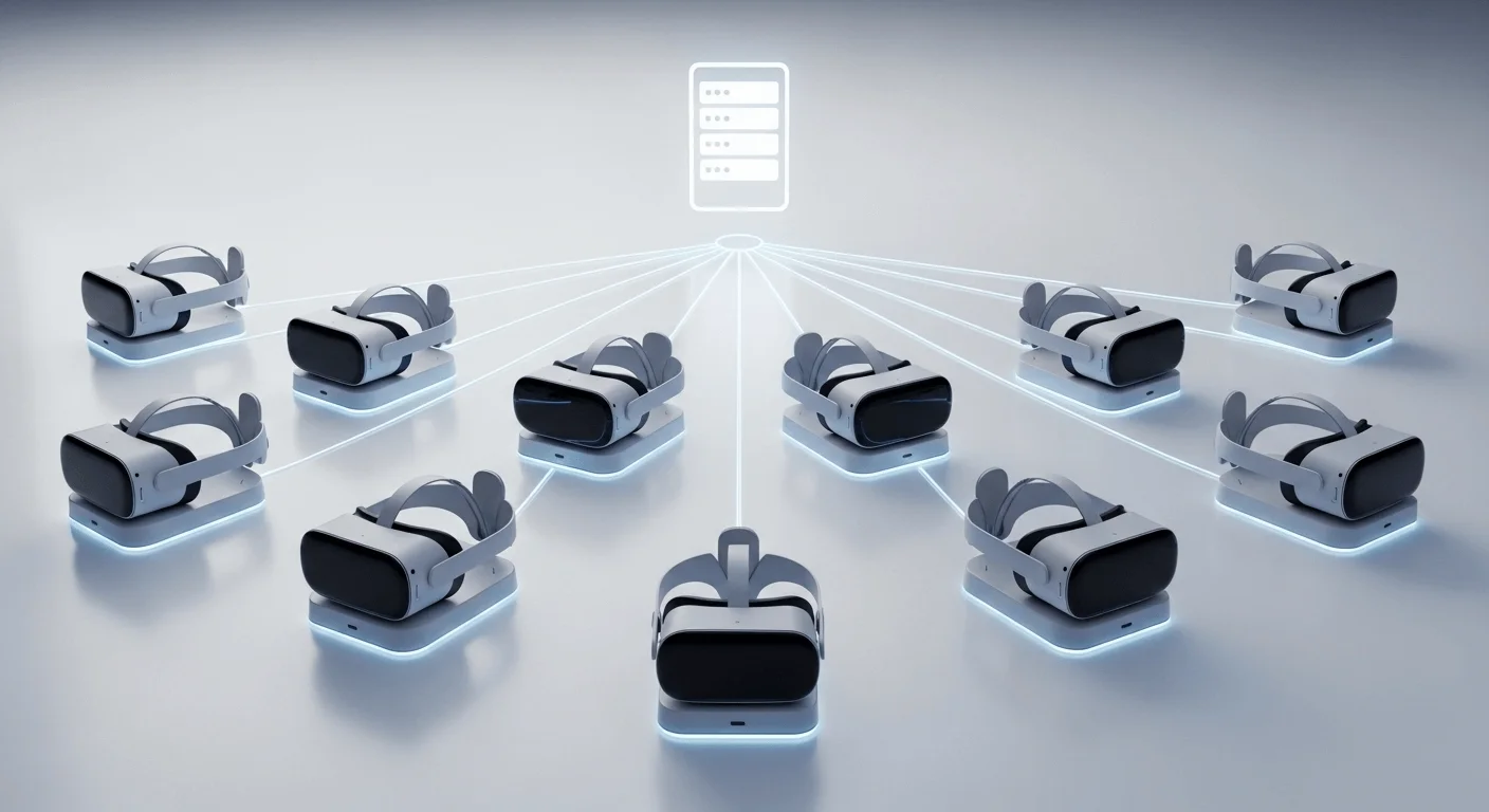 A clean, organized 3D render showing a dozen VR headsets neatly arranged on charging stations, with glowing lines connecting them to a central server icon, symbolizing perfect order and control.