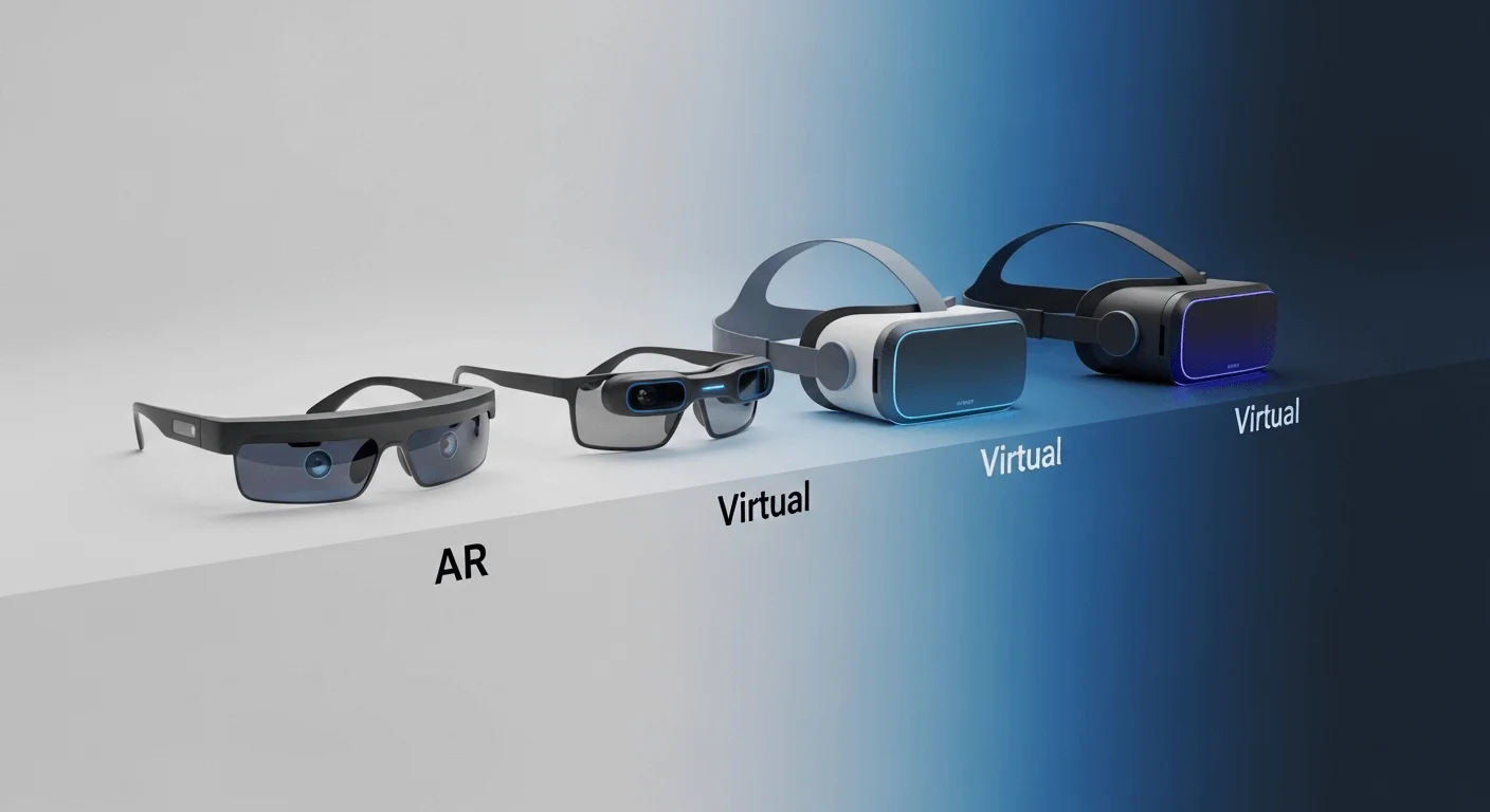 Sophisticated 3D render showing a spectrum from a real-world environment on the left to a fully virtual environment on the right, with AR glasses and VR headsets positioned along it.