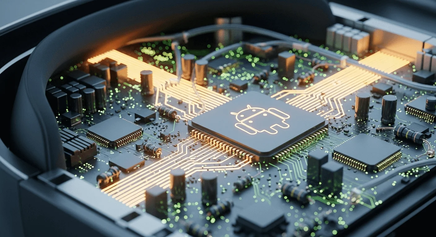 Abstract 3D render of a VR headset's internal circuitry, with the Android logo subtly integrated into the motherboard design.
