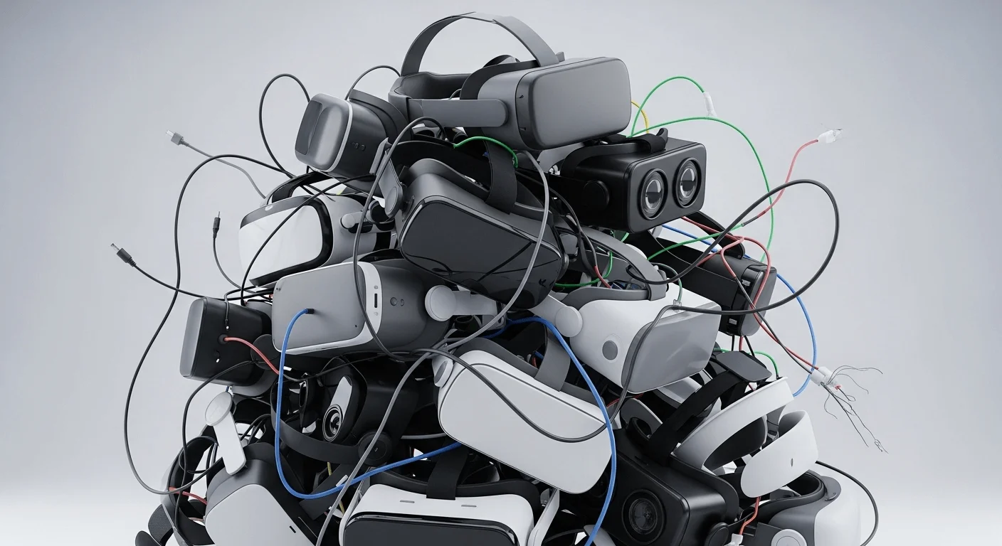 A 3D render of a jumbled pile of VR headsets with tangled cables, symbolizing chaos and lack of control.