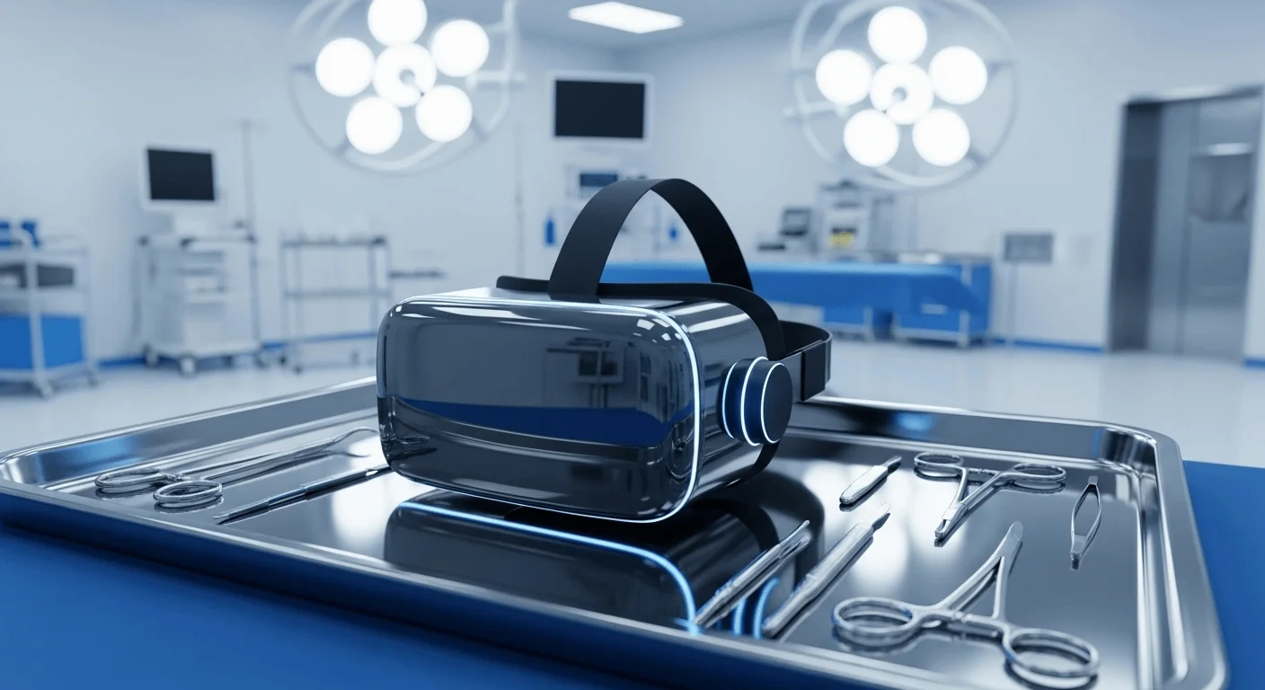 Sophisticated 3D render of a VR headset on a sterile medical tray in a modern, brightly lit operating room environment.