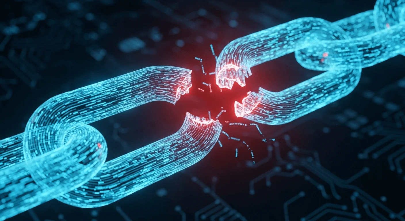 Abstract 3D render of a broken digital chain link, symbolizing a security vulnerability in a line of code.