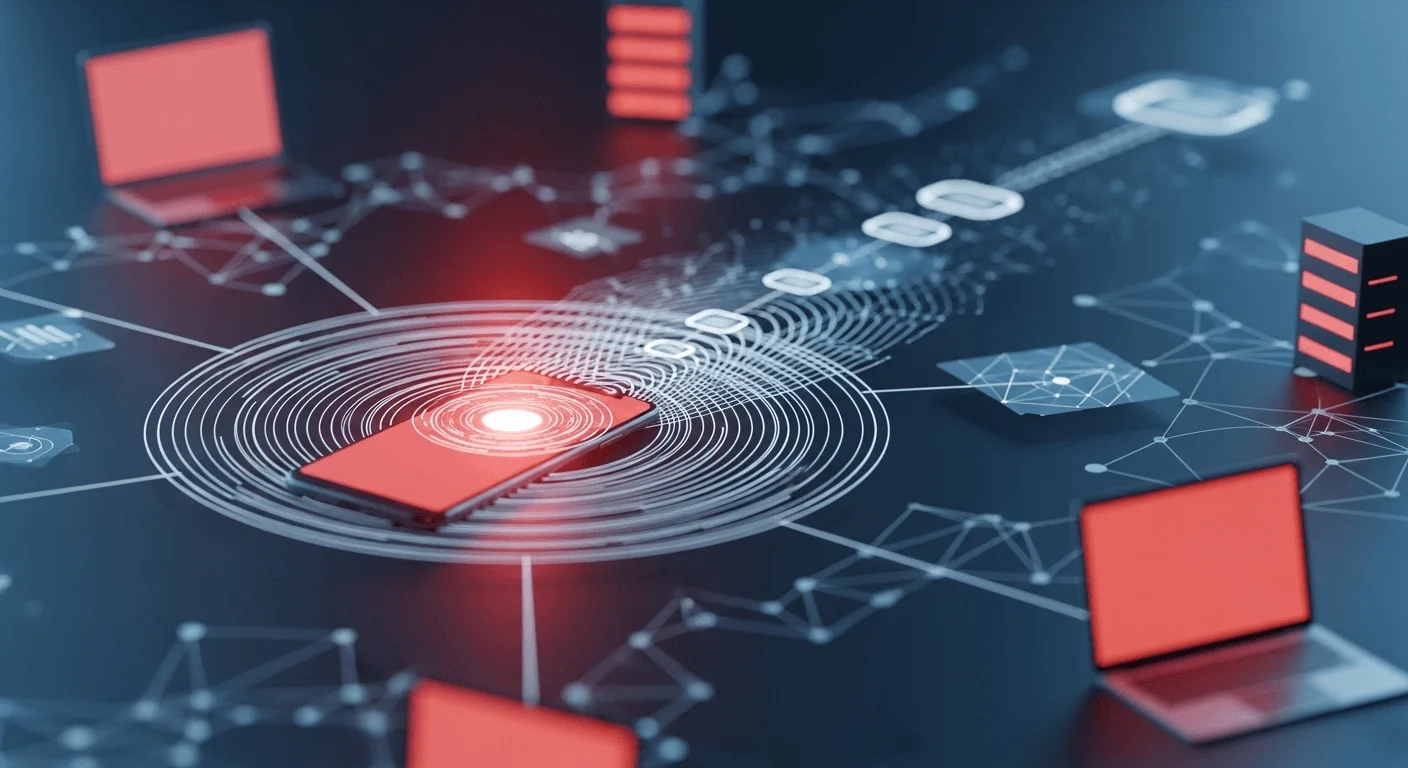 A 3D render illustrating a ripple effect starting from a single mobile device and spreading across a network, representing a security breach.