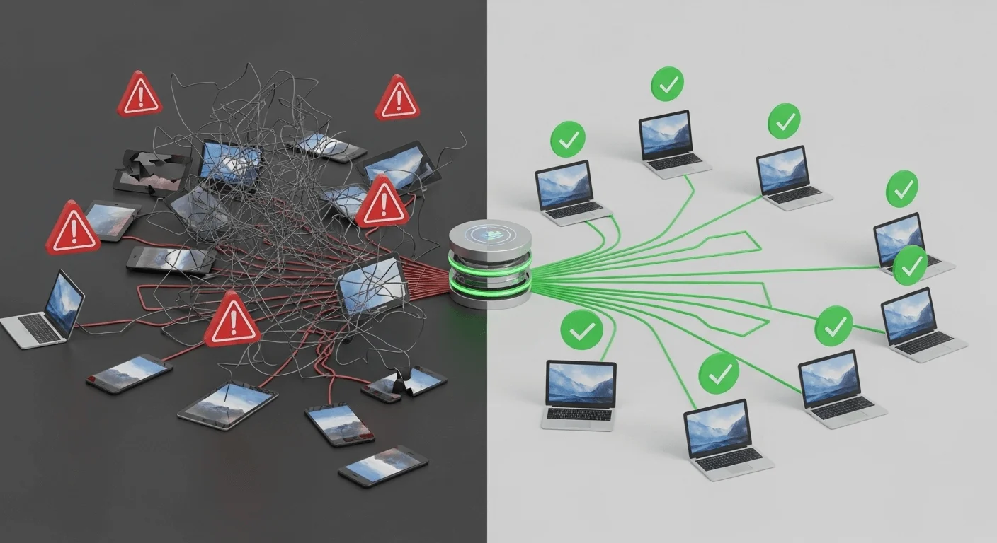 A split-screen 3D render. On the left, a chaotic scene with disconnected devices and red warning icons. On the right, an orderly scene with devices connected to a central hub with green checkmarks.