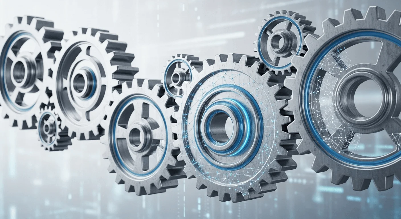 A 3D render of interconnected gears working smoothly, symbolizing an automated security process.