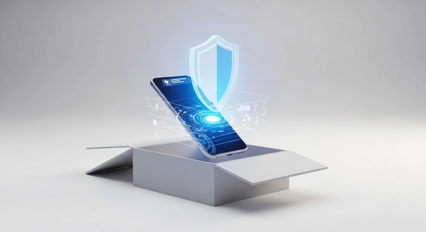 A 3D render of a device coming out of a box and immediately having a digital security shield and configuration profile applied to it.