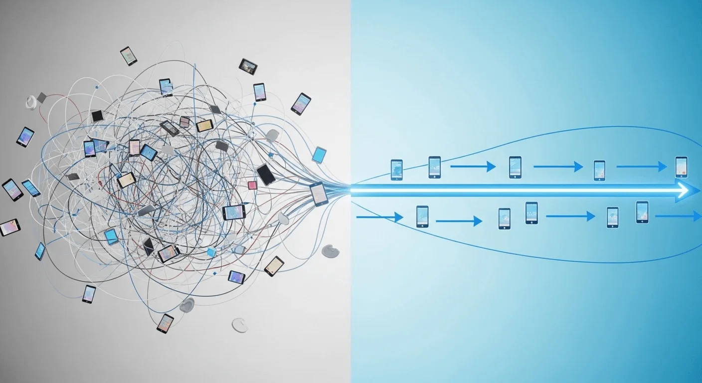 A sleek 3D render showing a complex, tangled workflow on one side, contrasted with a streamlined, single-line automated process on the other.