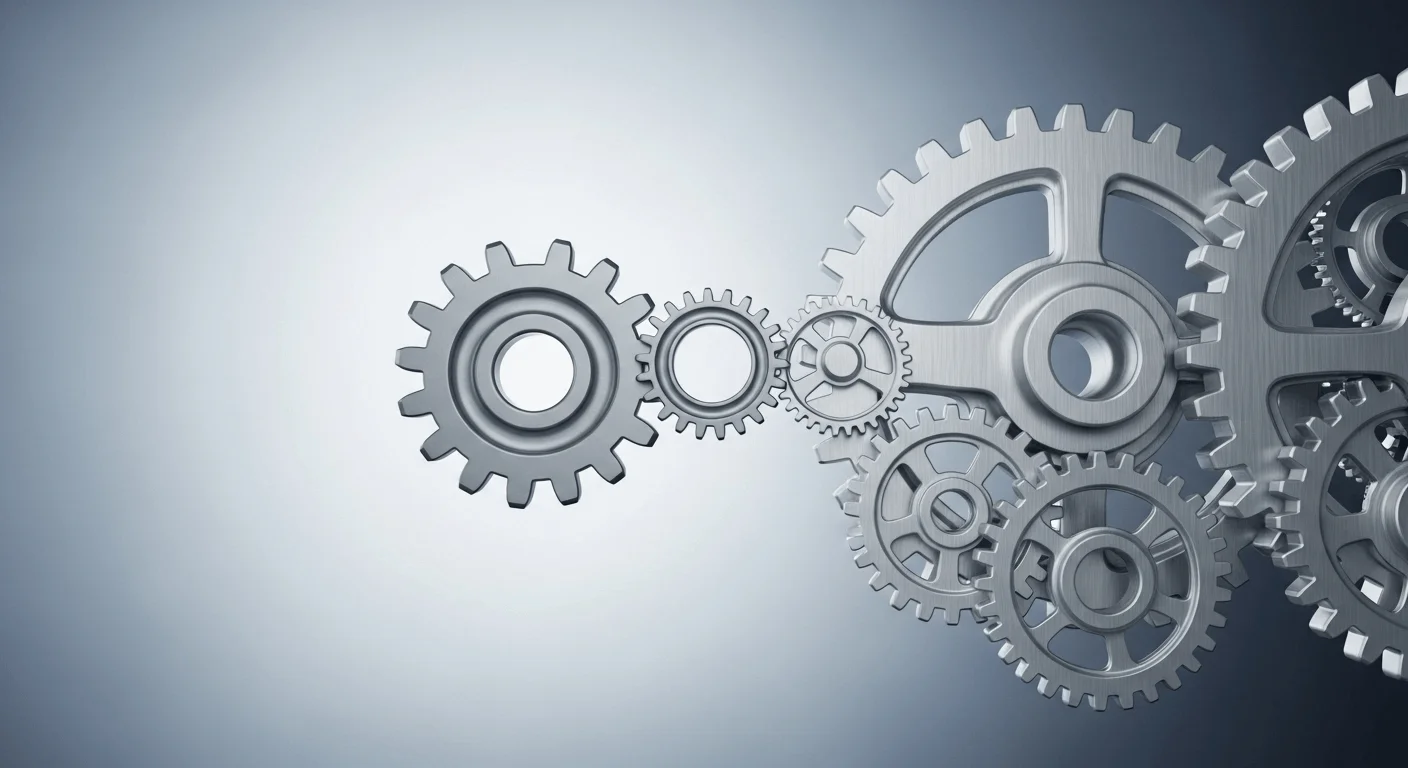 A 3D render of a small, simple gear meshing perfectly with a much larger, more complex gear system, symbolizing scalability.
