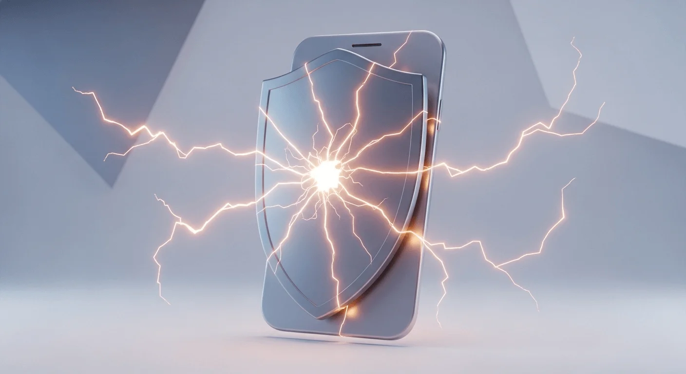 A 3D render of a shield with glowing cracks, symbolizing security vulnerabilities in a mobile device.