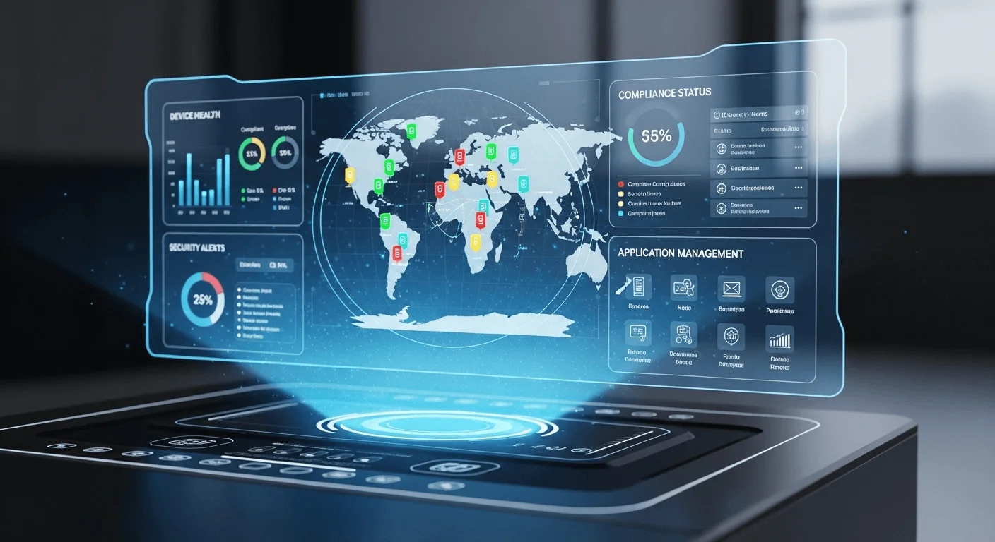A sophisticated 3D render of a central command dashboard displaying device health, location, and compliance status on a holographic interface.